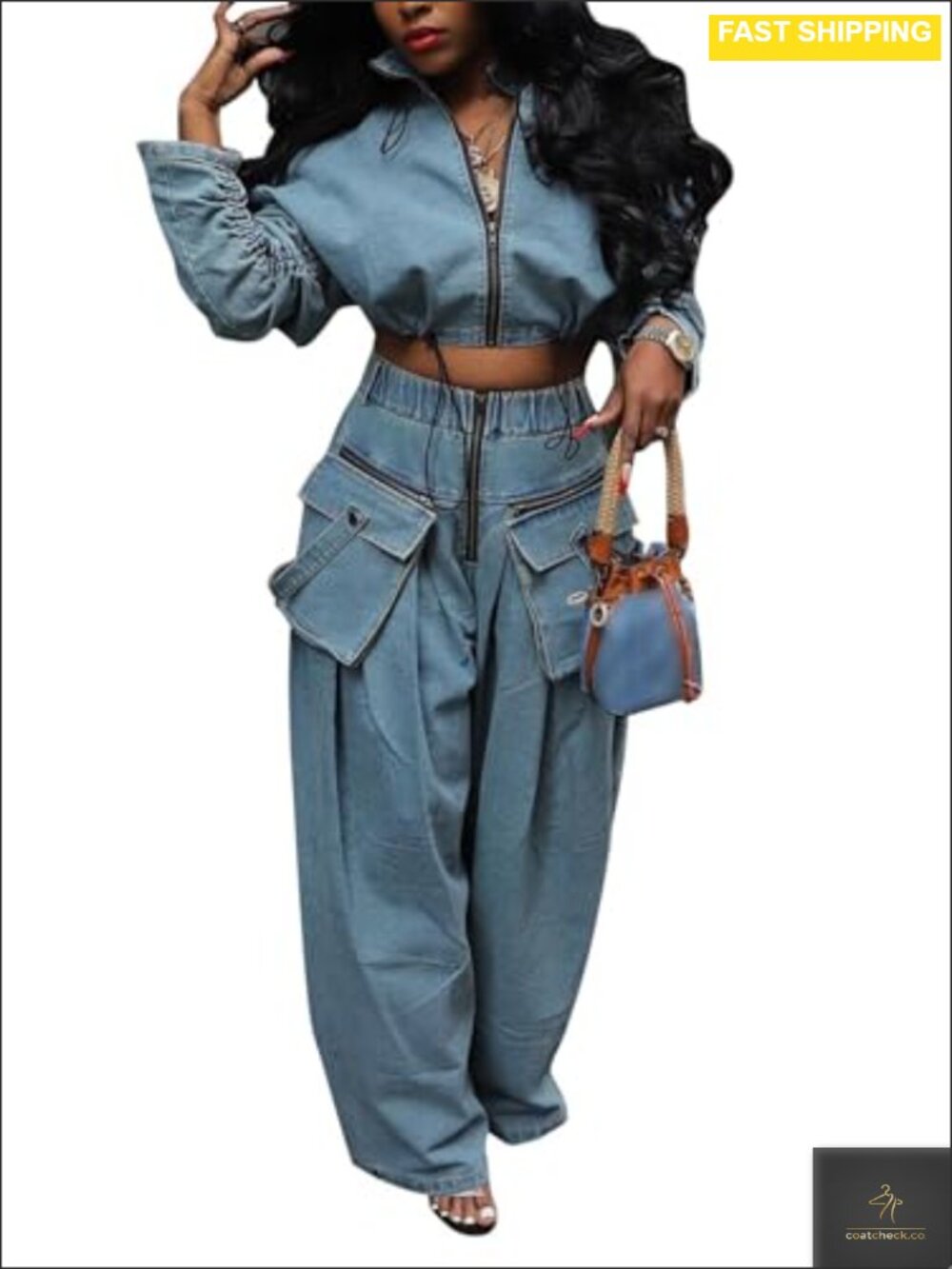 Denim Two Piece Set Zip Crop Jacket Cargo Wide Leg Jeans Streetwear